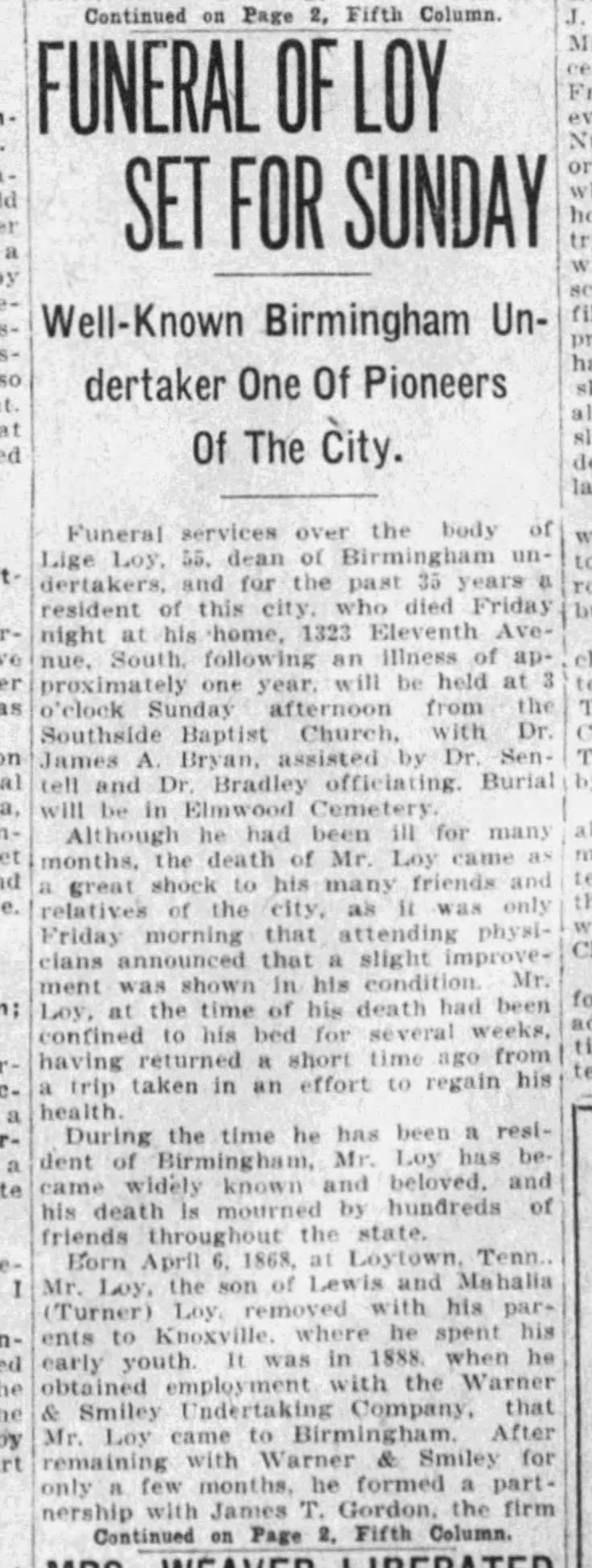 Funeral of Loy Set For Sunday